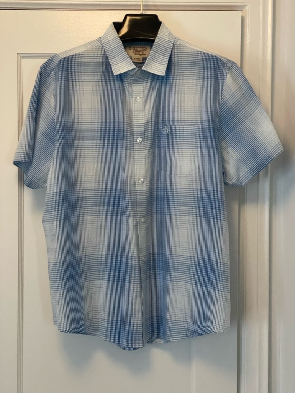 NWOT Penguin Men’s Light Blue Plaid Short-Sleeve Button-Up Shirt